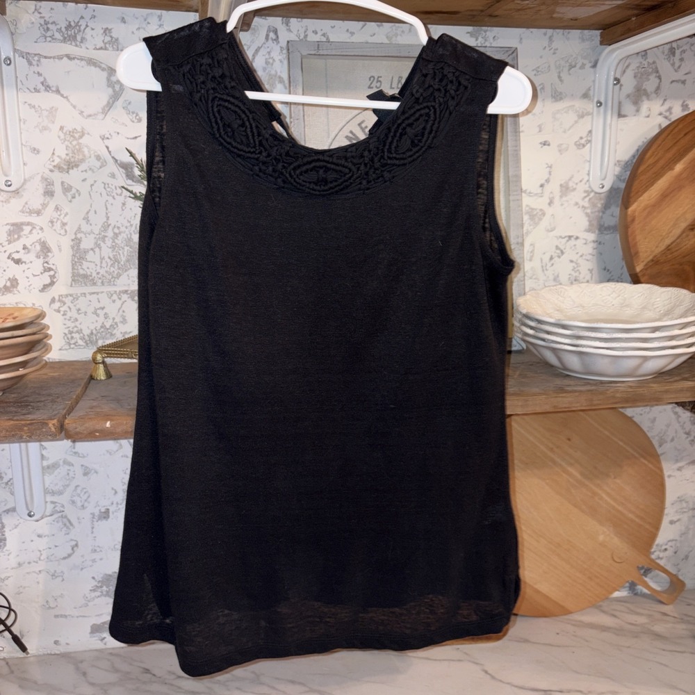 Catherine Malandrino 100% Linen Textured Lace Collar Flowy Tank Top Shirt XS